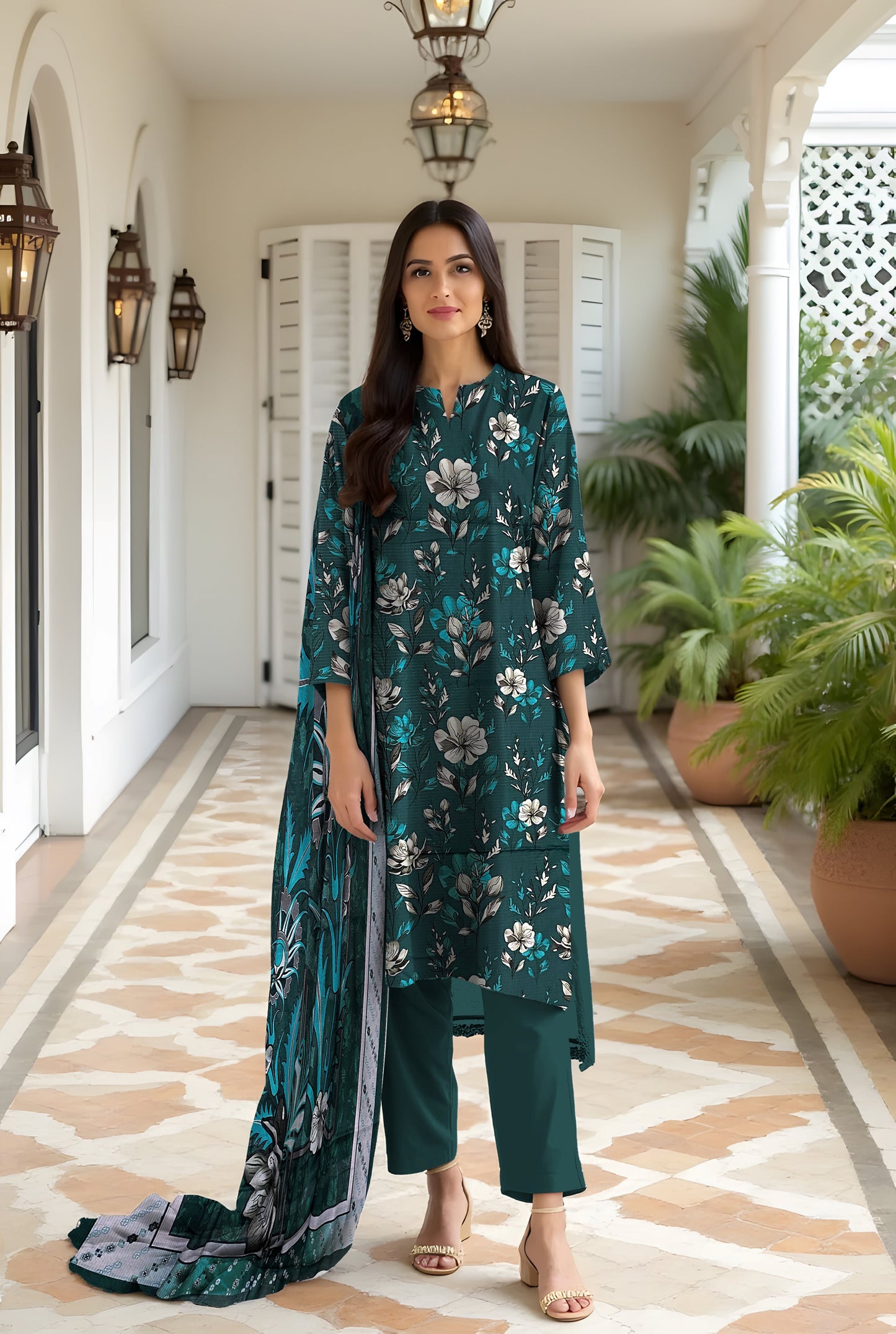 3 Pc Doria Linen Printed Unstitched Suit