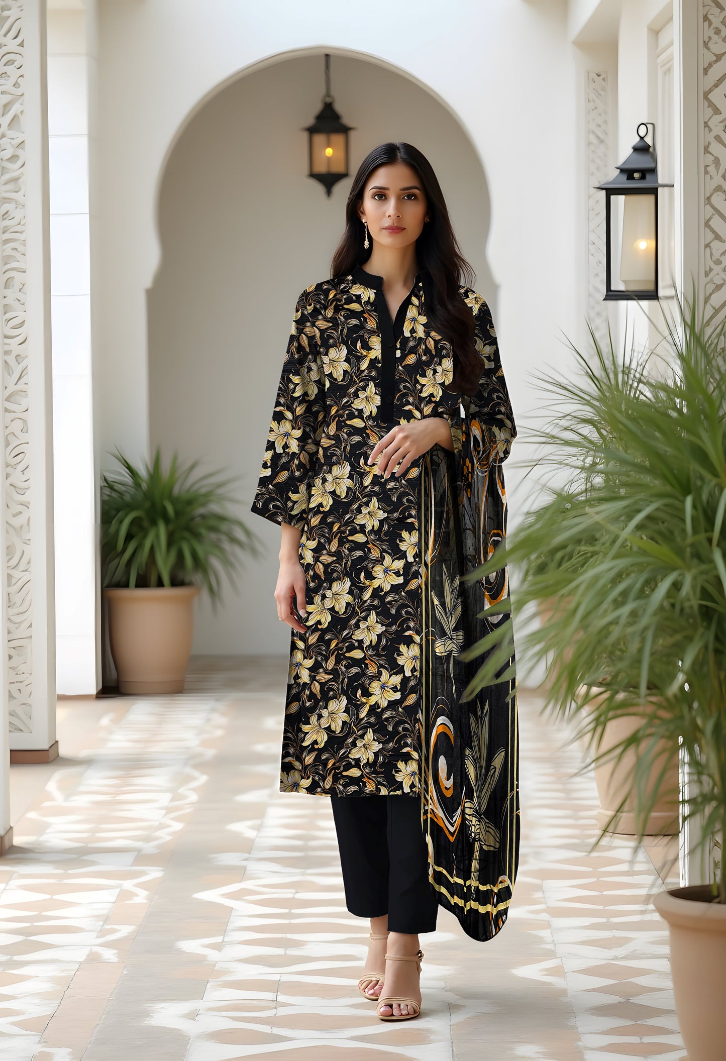 3 Pc Doria Linen Printed Unstitched Suit