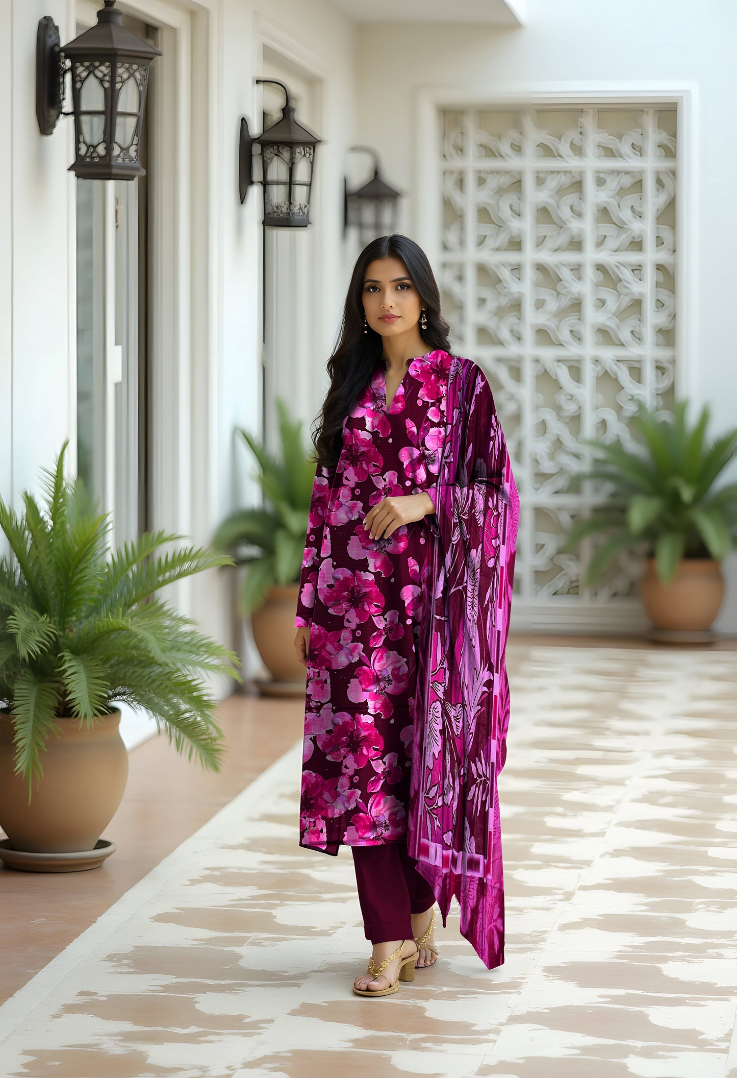 3 Pc Doria Linen Printed Unstitched Suit