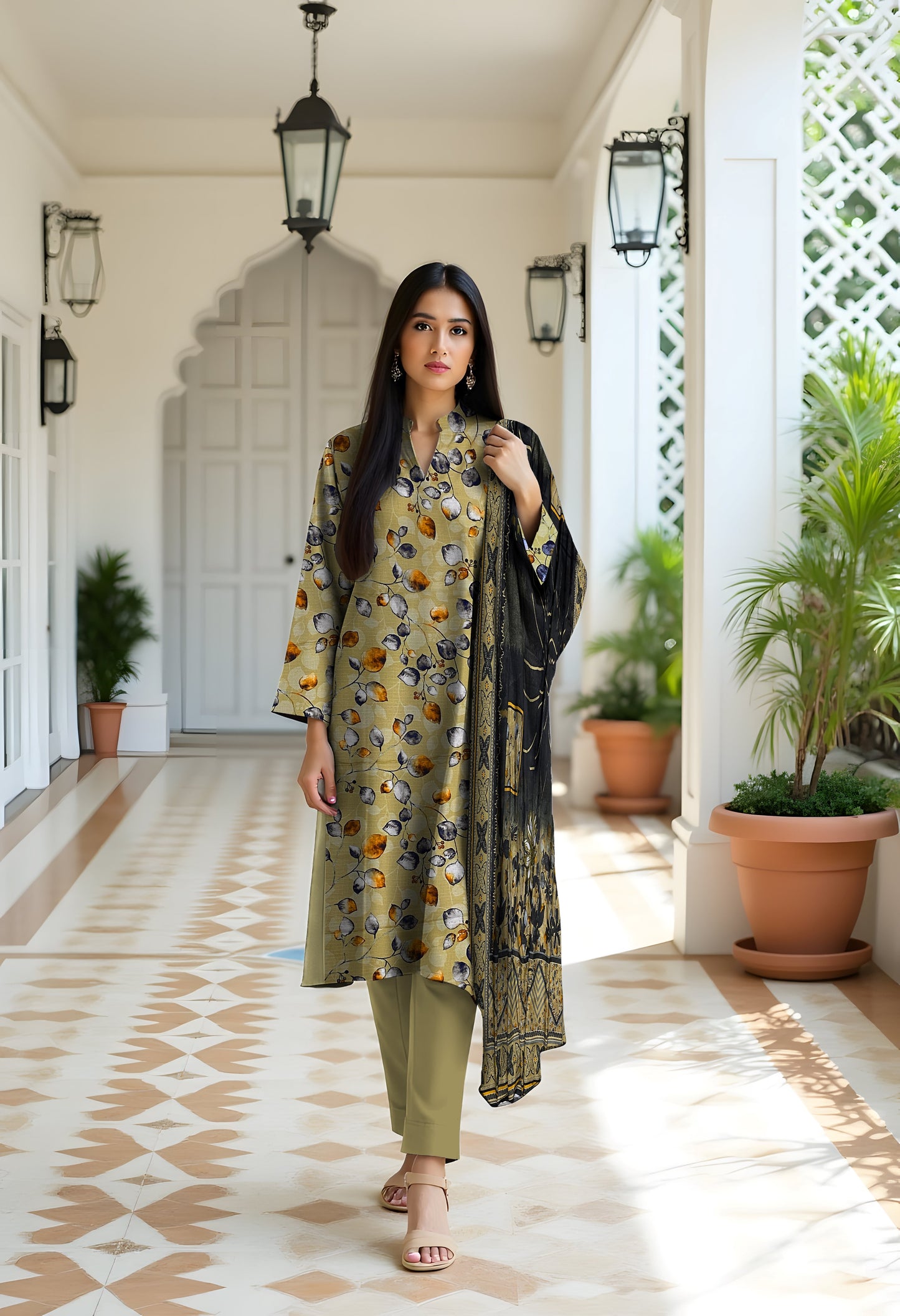 3 Pc Doria Linen Printed Unstitched Suit