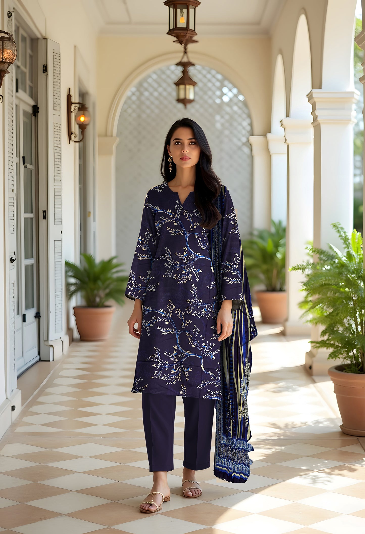 3 Pc Doria Linen Printed Unstitched Suit