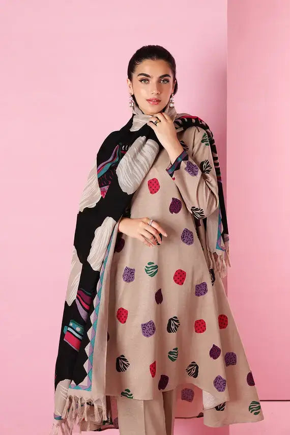 NS 1080-3 Piece Unstitched Embroidered Dhanak Suit ( Woolen Printed Shawl )