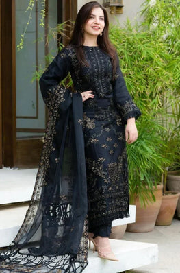 NS 32-3 Piece Unstitched Heavy Embroidered Dhanak Suit ( Fully Embroidered Organza Dupatta )