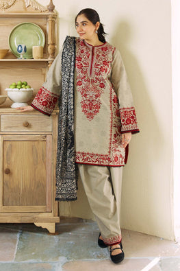 ZS 57-3 Piece Unstitched Heavy Embroidered Dhanak Suit ( Fine Printed Wool Shawl)