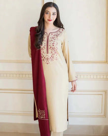 AS 25-3 Piece Unstitched Heavy Embroidered Dhanak Suit ( Full Embroidered Dhanak Shawl )