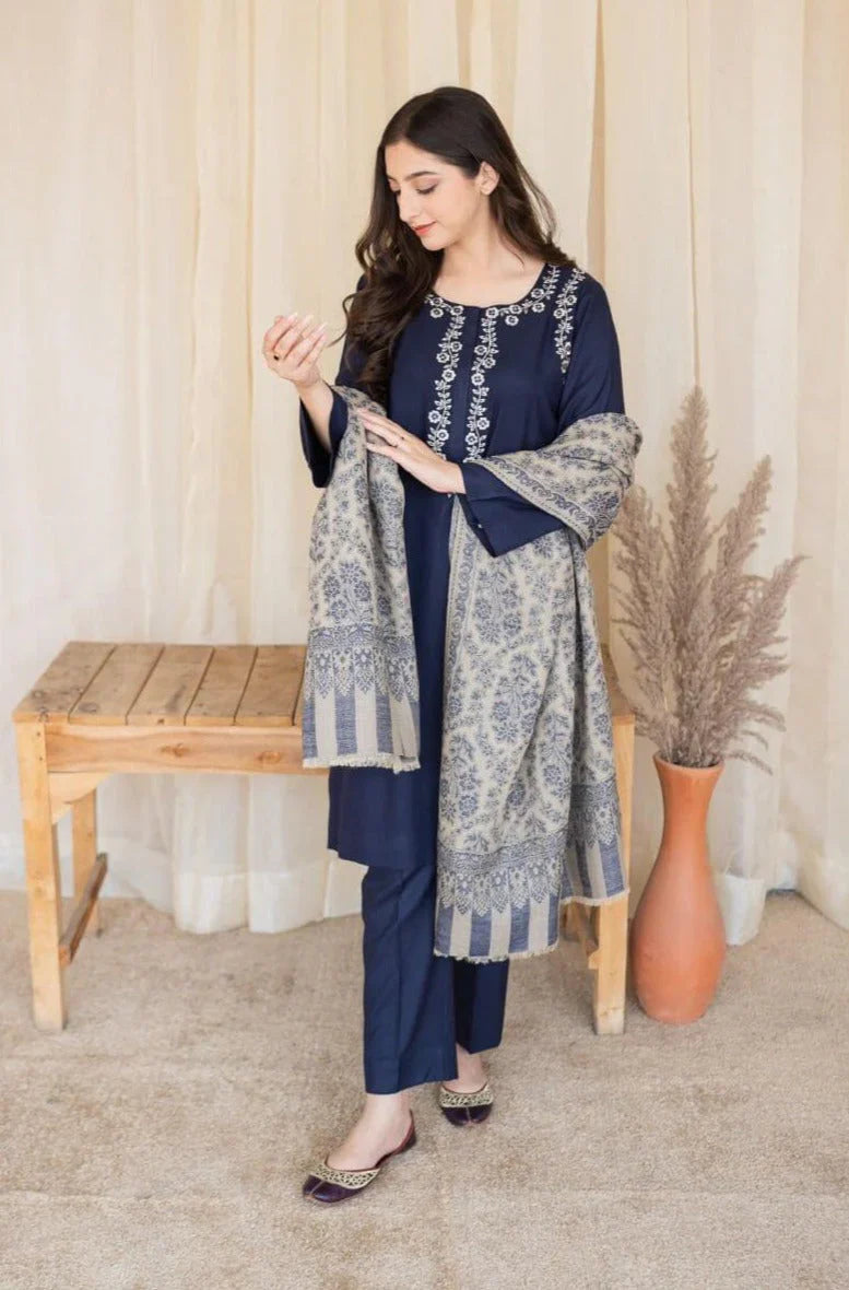 MB 830-3 Piece Unstitched Embroidered Dhanak Suit ( Printed Woolen Shawl )