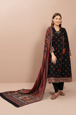 KS 725-3 Piece Unstitched Heavy Embroidered Dhanak Suit With Printed Woolen Shawl