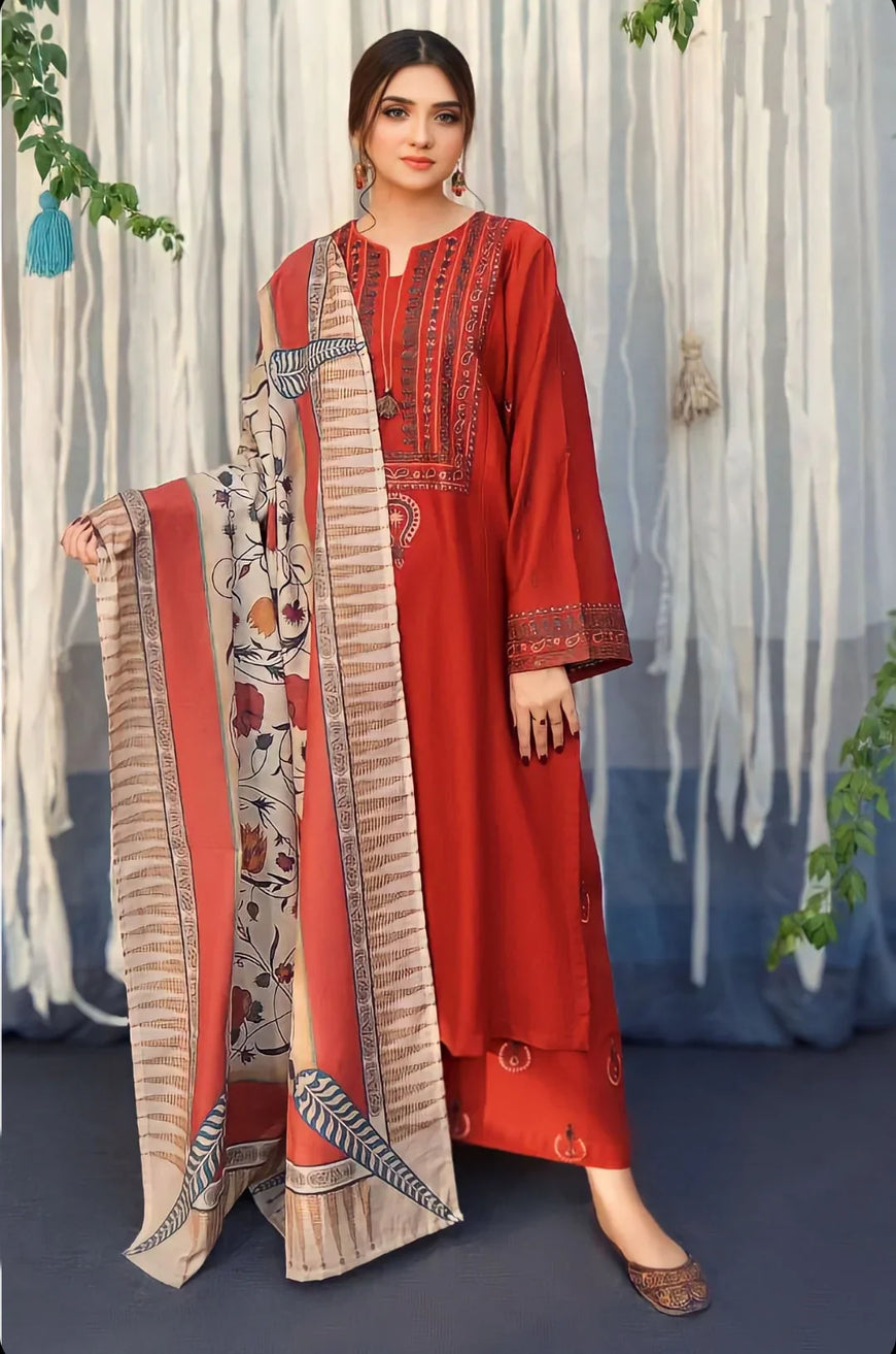 BR 845-3 Piece - Unstitched Embroidered Dhanak Fabric With Wool Shawl