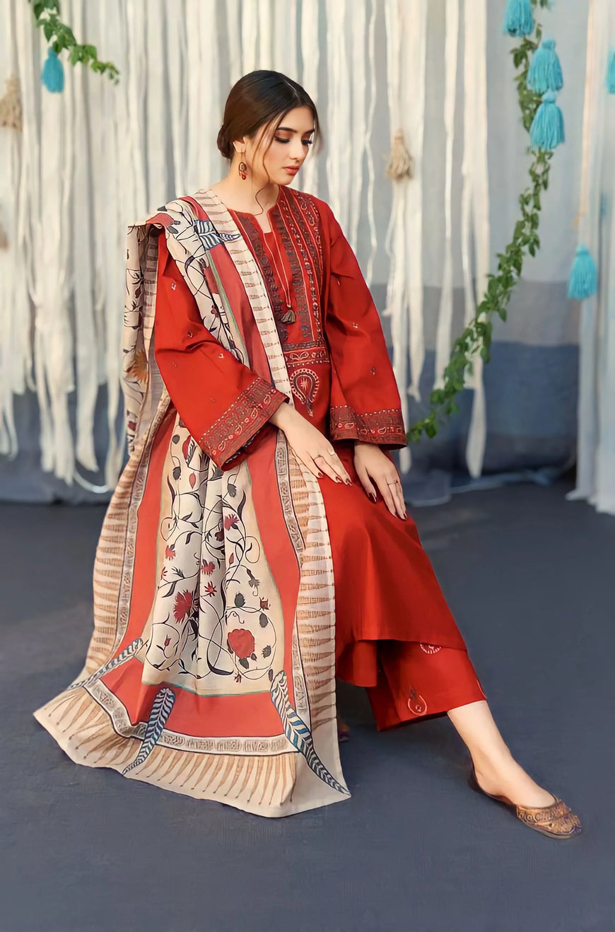 BR 845-3 Piece - Unstitched Embroidered Dhanak Fabric With Wool Shawl