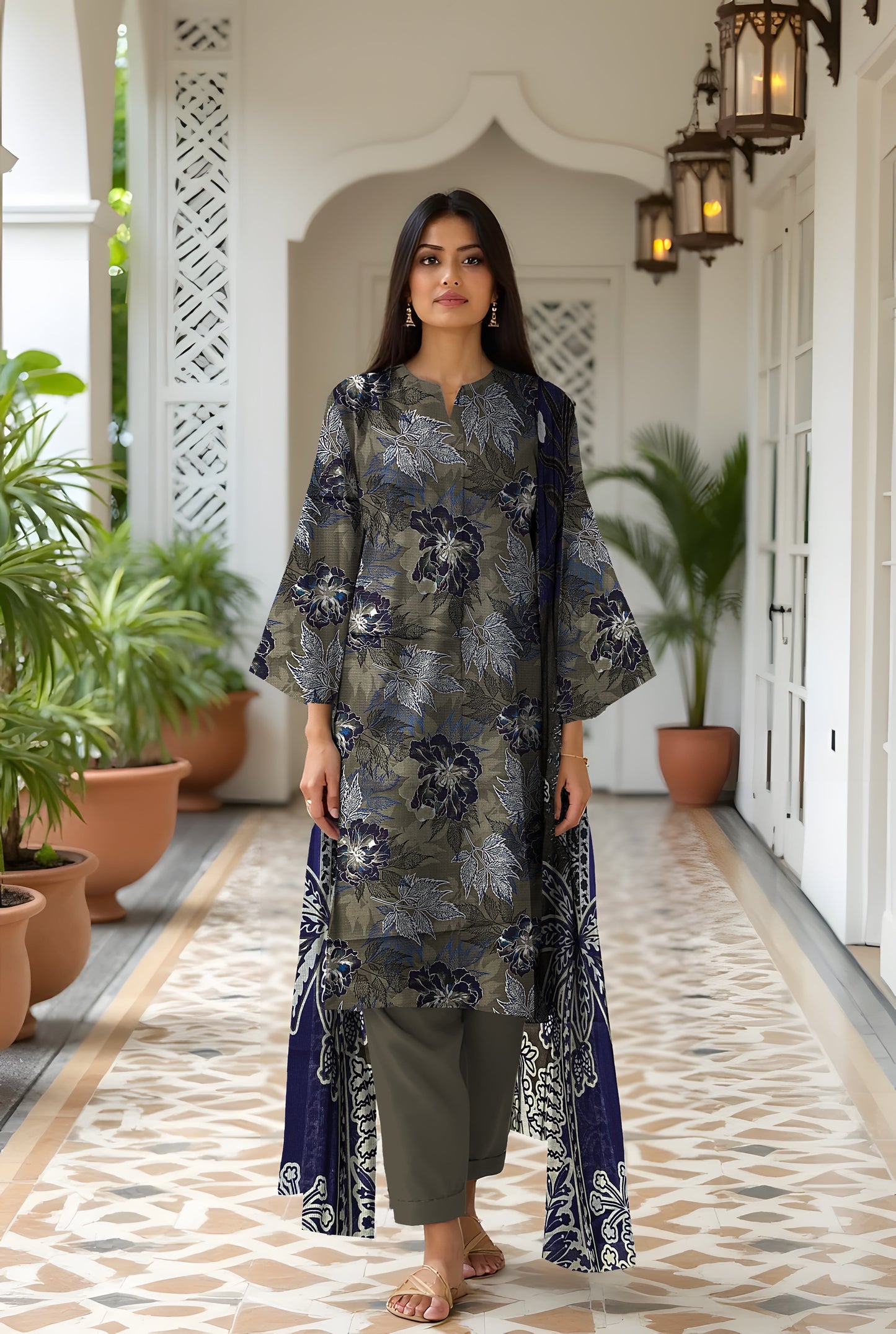 3 Pc Doria Linen Printed Unstitched Suit