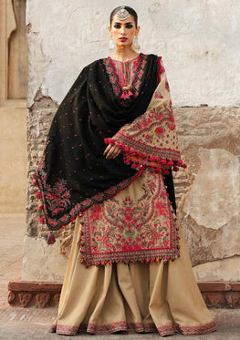 HR 690-3 Piece Unstitched Heavy Embroidered Dhanak Wool Suit Four Sided Embroidered Dhanak Shawl