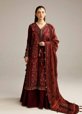 HR 730-3 Piece Embroidered Dhanak Shirt with Printed Wool Shawl