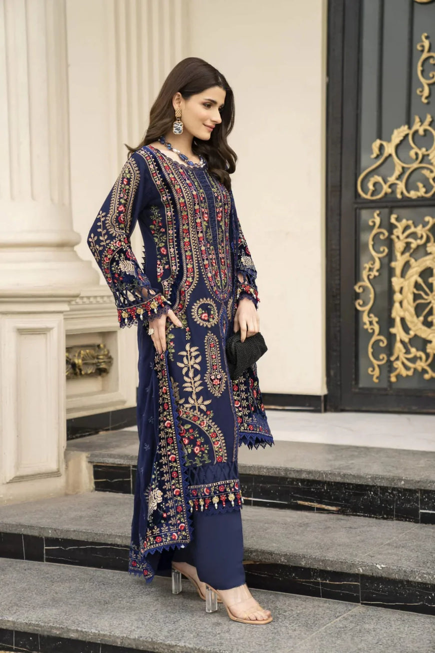 MB 965B- 3 Piece Dhanak Embroidery Suit With Four Sides Embroidery Dhanak Shawl