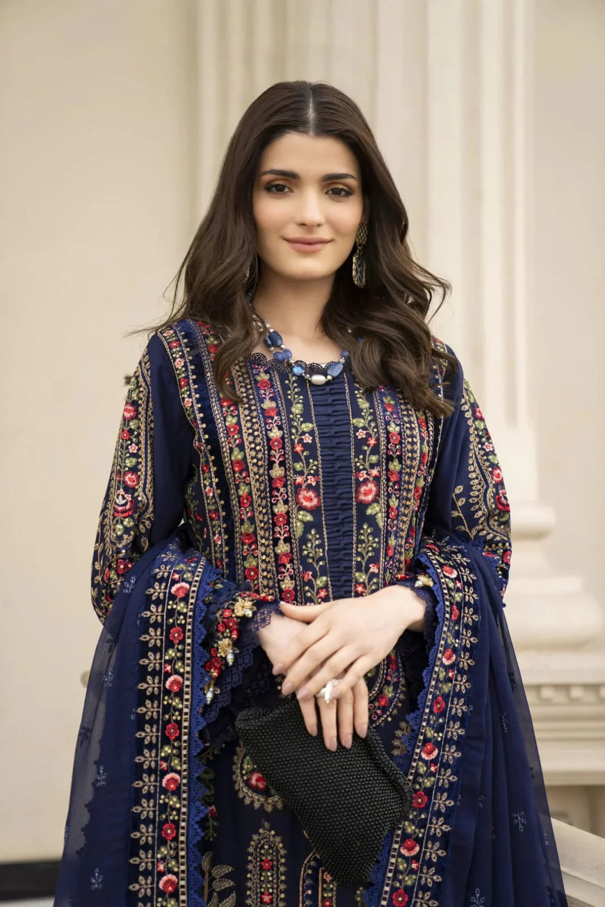 MB 965B- 3 Piece Dhanak Embroidery Suit With Four Sides Embroidery Dhanak Shawl