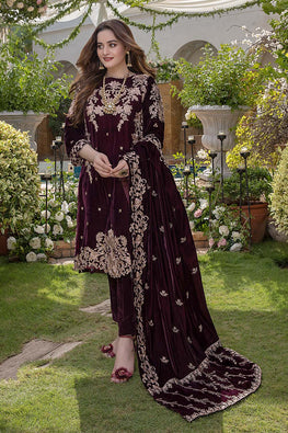 MB 1065-9000 Micro 3Pc Heavy Embroidery Velvet Dress With Velvet Embroidery Shawl