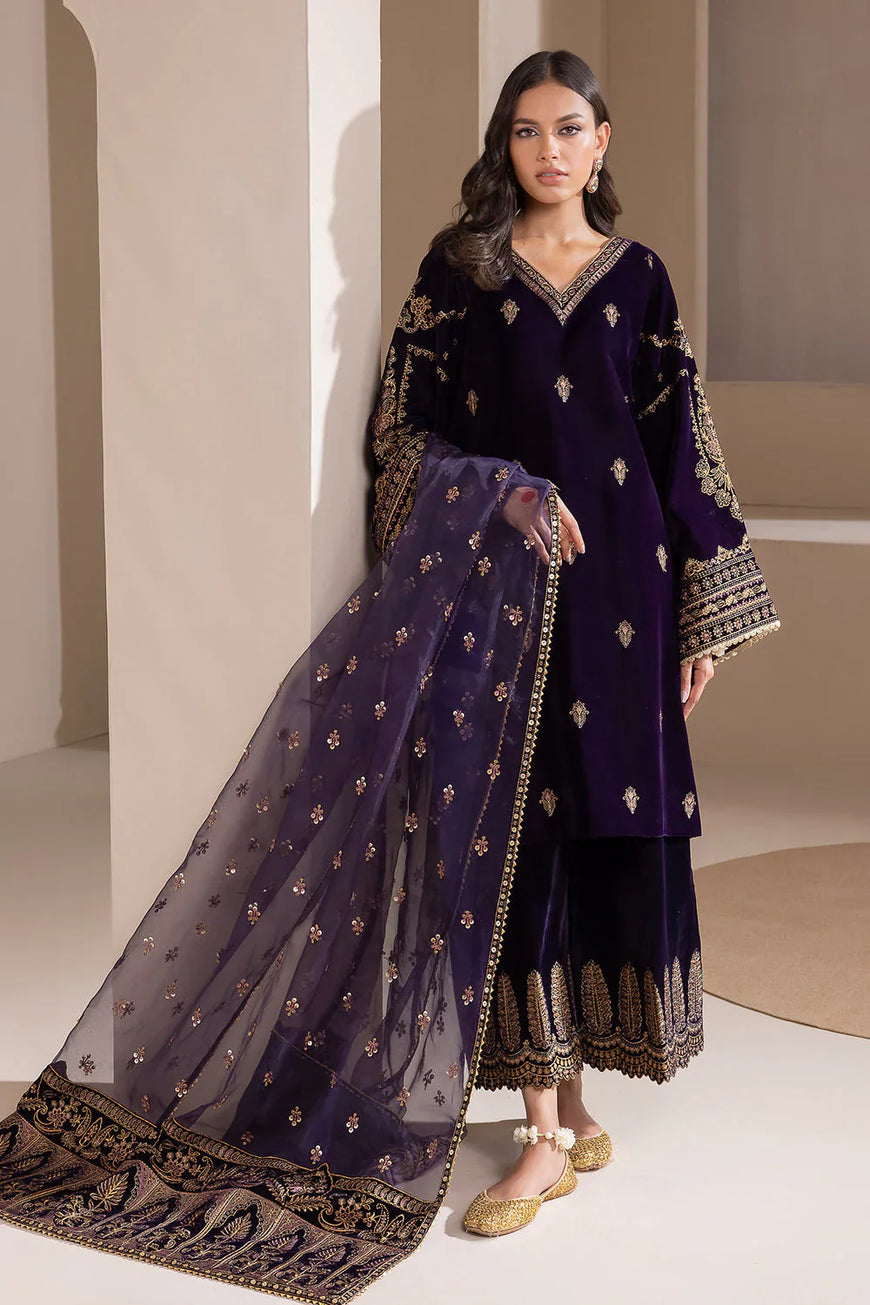 AJ 1005-3 Piece Unstitched Heavy Embroidered Velvet Suit ( Full Embroidered Organza Dupatta )