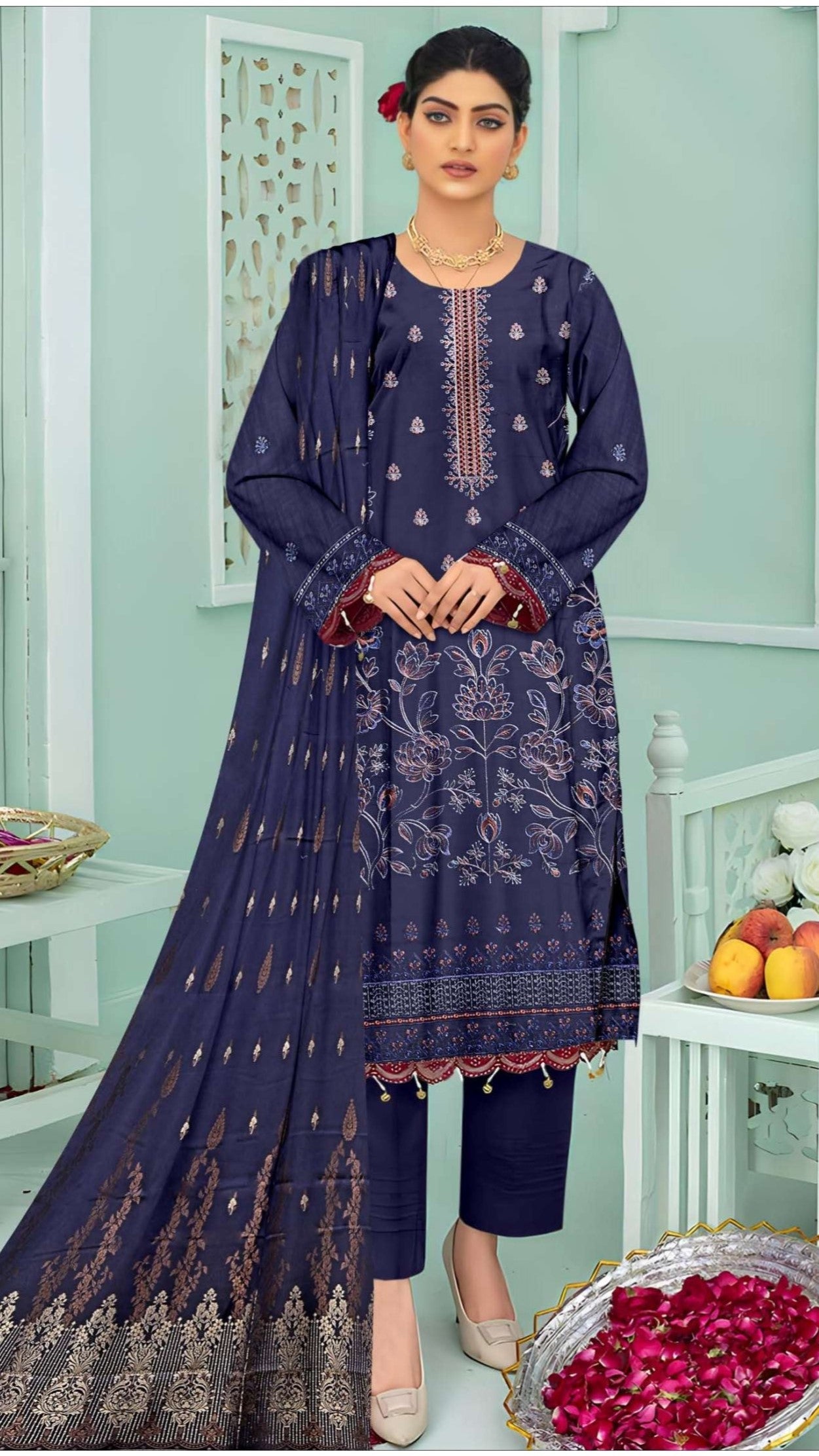 3-Piece Doria Lawn Embroidered Suit - Nawab Din