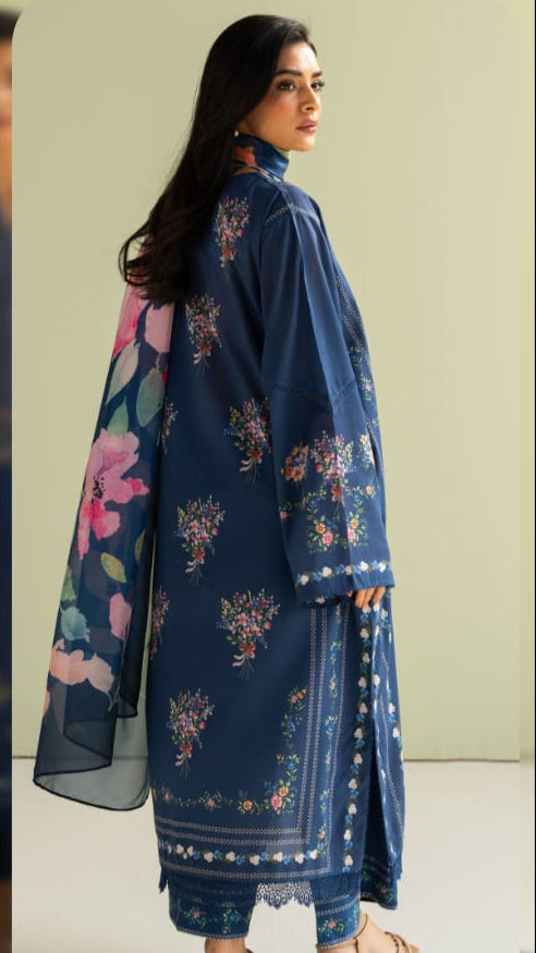 BQ 421-3 Piece Digital Printed Lawn Shirt With Embroidered Patch Trouser and Dupatta
