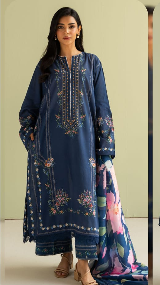 BQ 421-3 Piece Digital Printed Lawn Shirt With Embroidered Patch Trouser and Dupatta