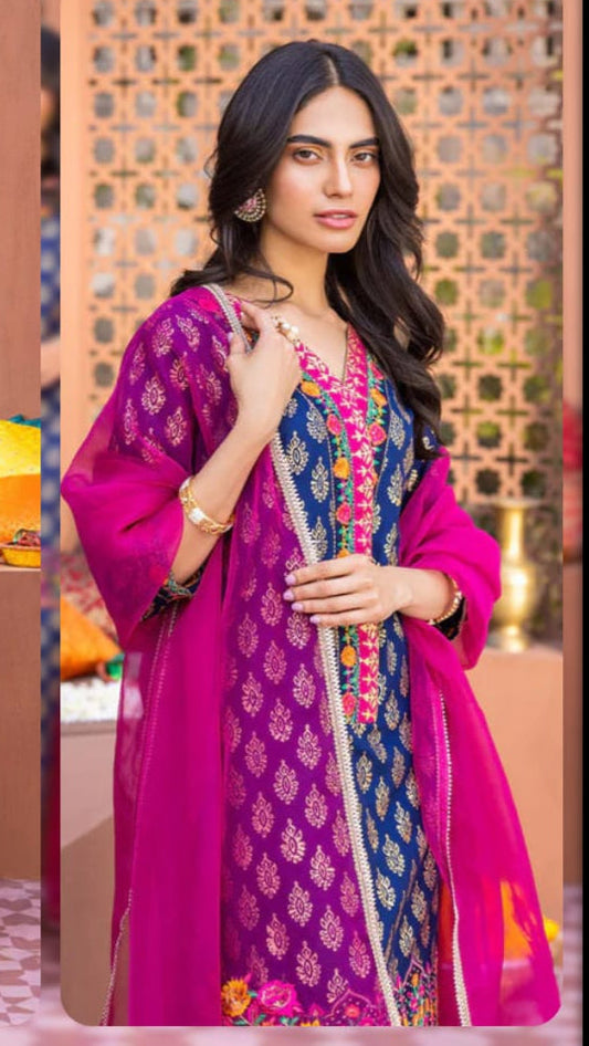 ZC 440-3 Pcs Digital Printed Lawn Shirt Trouser and Dupatta with Embroidered Patches