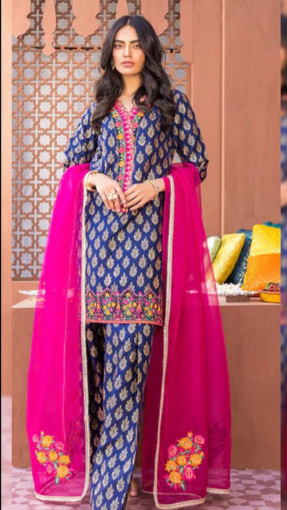 ZC 440-3 Pcs Digital Printed Lawn Shirt Trouser and Dupatta with Embroidered Patches