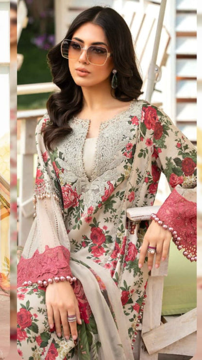 MB 425-3 Pcs Digital Printed Lawn Shirt Trouser and Dupatta with Embroidered Patches