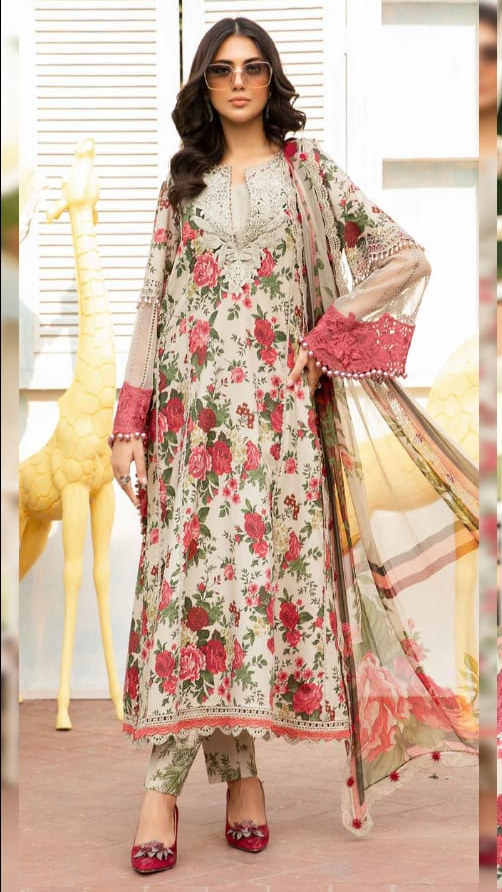 MB 425-3 Pcs Digital Printed Lawn Shirt Trouser and Dupatta with Embroidered Patches