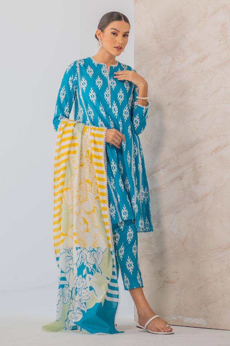CH 144-3 Piece Unstitched Digital Printed Lawn Suit ( Fine Monaar Silk Zari Dupatta )