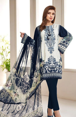 FR 590-Lawn Stuff 3 Piece Embroidered With Printed Chiffon Embroidered