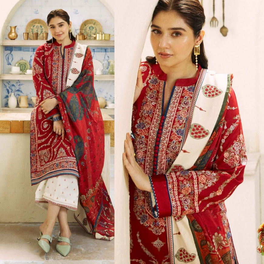 ZS 50B-3 Piece Unstitched Heavy Embroidered Dhanak Suit ( Fine Printed Wool Shawl)