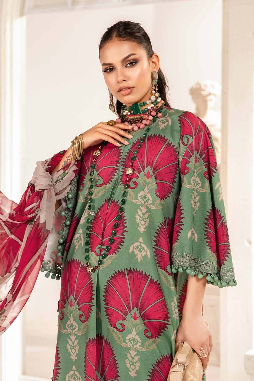 MB 74-Lawn Stuff 3 Piece Digital Printed Stamped Article With Crinkle Chiffon Dupatta Extra Patch