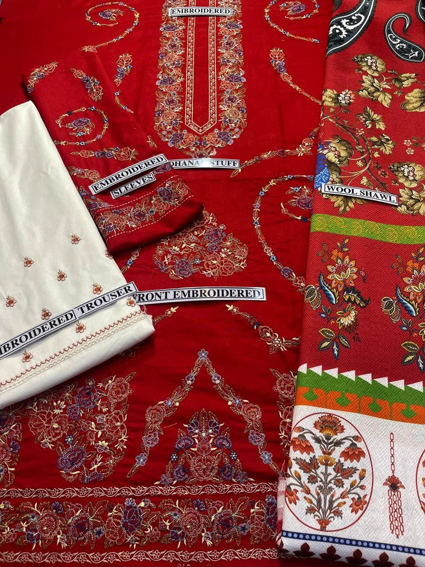 ZS 50B-3 Piece Unstitched Heavy Embroidered Dhanak Suit ( Fine Printed Wool Shawl)