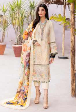 MB 313-3 Piece - Unstitched Fully Embroided Lawn Silk Duppatta