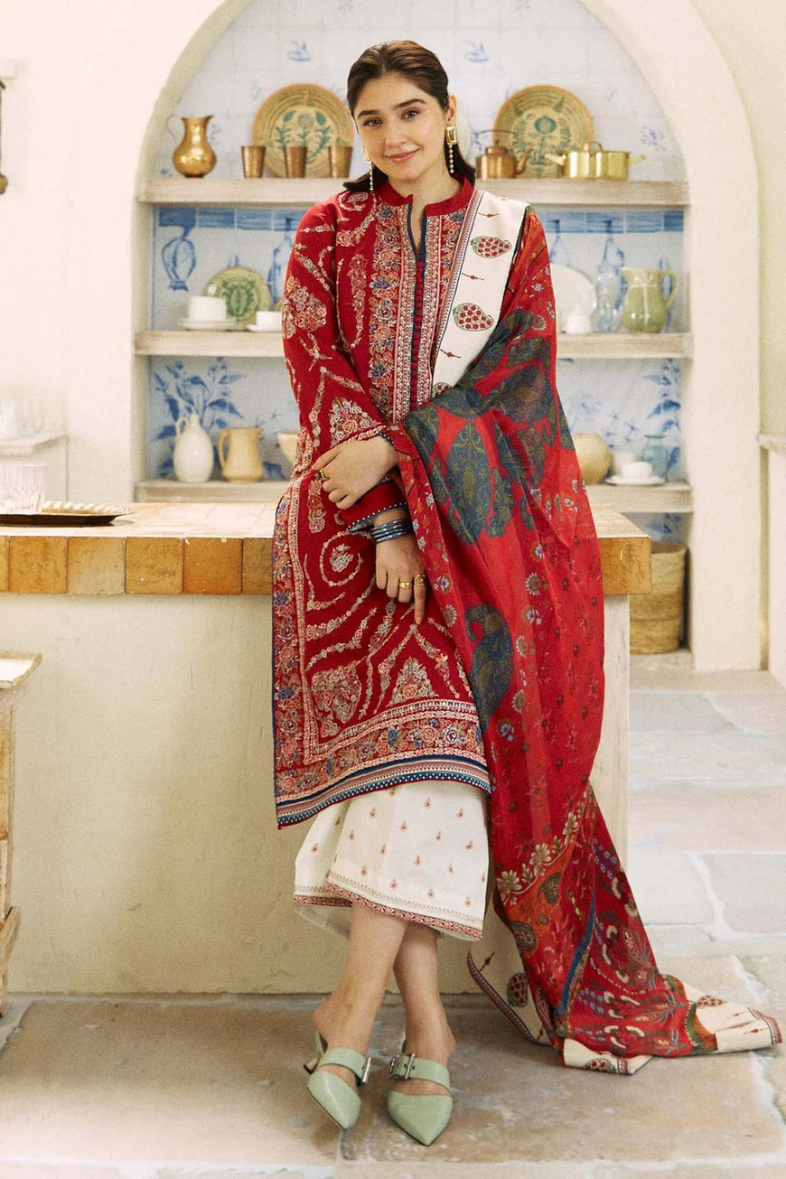 ZS 50B-3 Piece Unstitched Heavy Embroidered Dhanak Suit ( Fine Printed Wool Shawl)